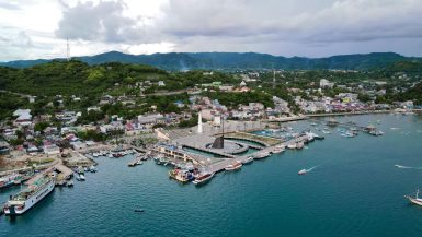 Aerial view of Labuan Bajo town and harbour in Flores, Indonesia