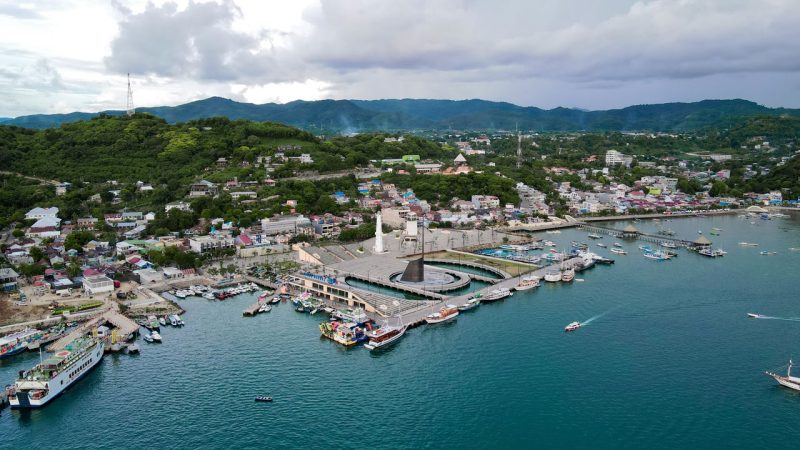 Aerial view of Labuan Bajo town and harbour in Flores, Indonesia