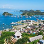 Aerial view of Labuan Bajo town, harbour and surrounding islands in Flores, Indonesia