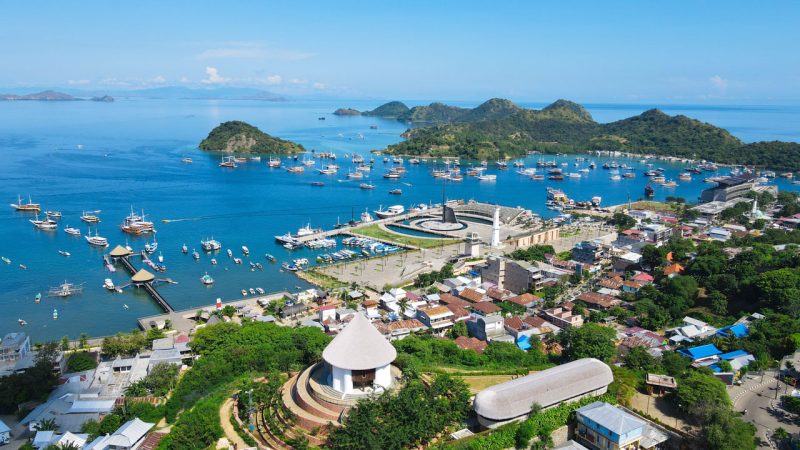 Aerial view of Labuan Bajo town, harbour and surrounding islands in Flores, Indonesia